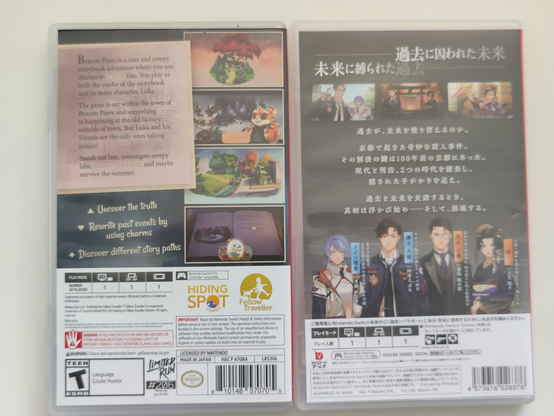 Back covers of two Nintendo Switch games: Beacon Pines and Dusk Index Gion